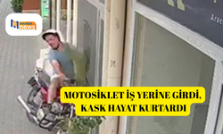 Motosiklet iş yerine girdi, kask hayat kurtardı