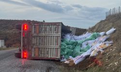 Gördes’te yem yüklü tır devrildi: 1 yaralı