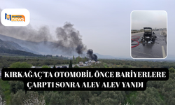 Kırkağaç'ta otomobil önce bariyerlere çarptı sonra alev alev yandı