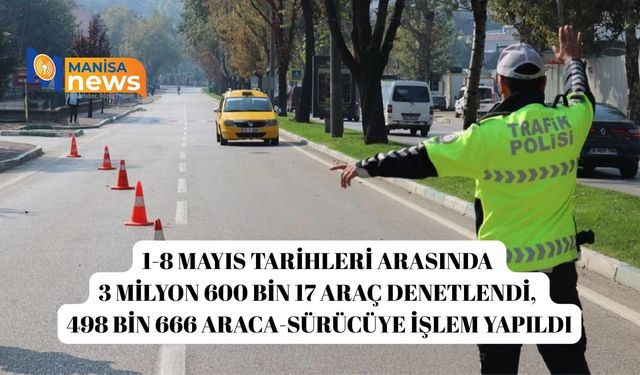 1-8 Mayıs tarihleri arasında 3 milyon 600 bin 17 araç denetlendi, 498 bin 666 araca-sürücüye işlem yapıldı