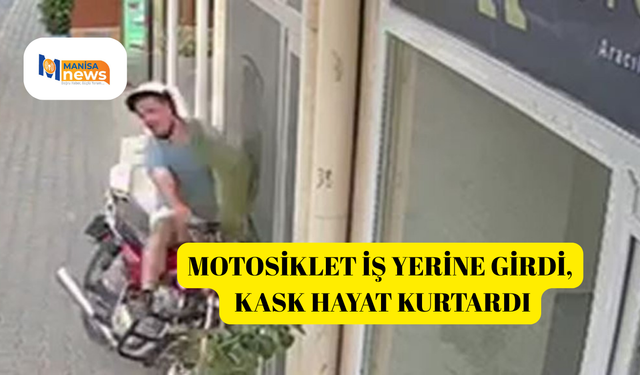 Motosiklet iş yerine girdi, kask hayat kurtardı