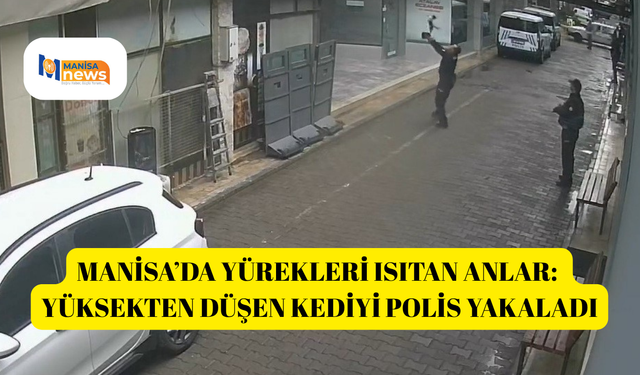 Manisa’da yürekleri ısıtan anlar: Yüksekten düşen kediyi polis yakaladı