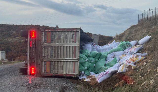Gördes’te yem yüklü tır devrildi: 1 yaralı